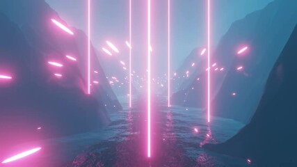 Wall Mural - 4k video animation of foggy riverside and mountain landscape, with a magical pink environment and ne