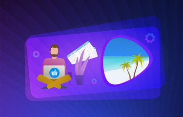 Poster - Buy Vacation Travel Tour and Flight Ticket with Online Booking Service concept illustration. Man makes his journey reservations at home with laptop or website service for reserving holiday travel