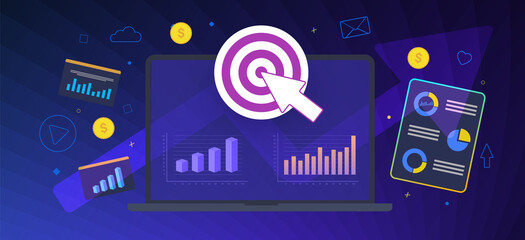 Fototapete - Ecommerce Metrics, Online Media Target flat vector business concept. Audience targeting in digital and online social media marketing. Financial dashboard for advertisement strategy