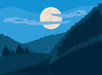 Wall Mural - landscape evening moon clouds mountains trees scenery