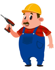 Builder holding screwdriver. Male character in cartoon style.