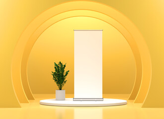 Wall Mural - roll up banner stand mockup in geometric room, 3d rendering.