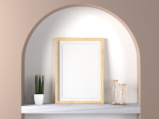 Wall Mural - mockup empty photo frame in geometric curves room, 3d rendering.
