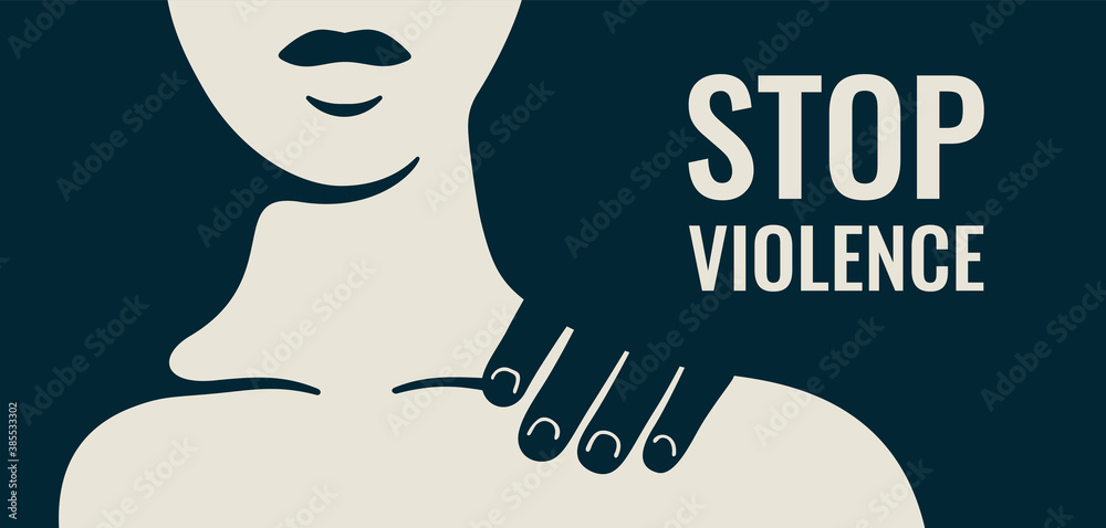 Stop Violence against women banner with silhouette strong woman and male arm on her shoulder. Concept of domestic abuse and sexual harassment. Vector illustration - obrazy, fototapety, plakaty 