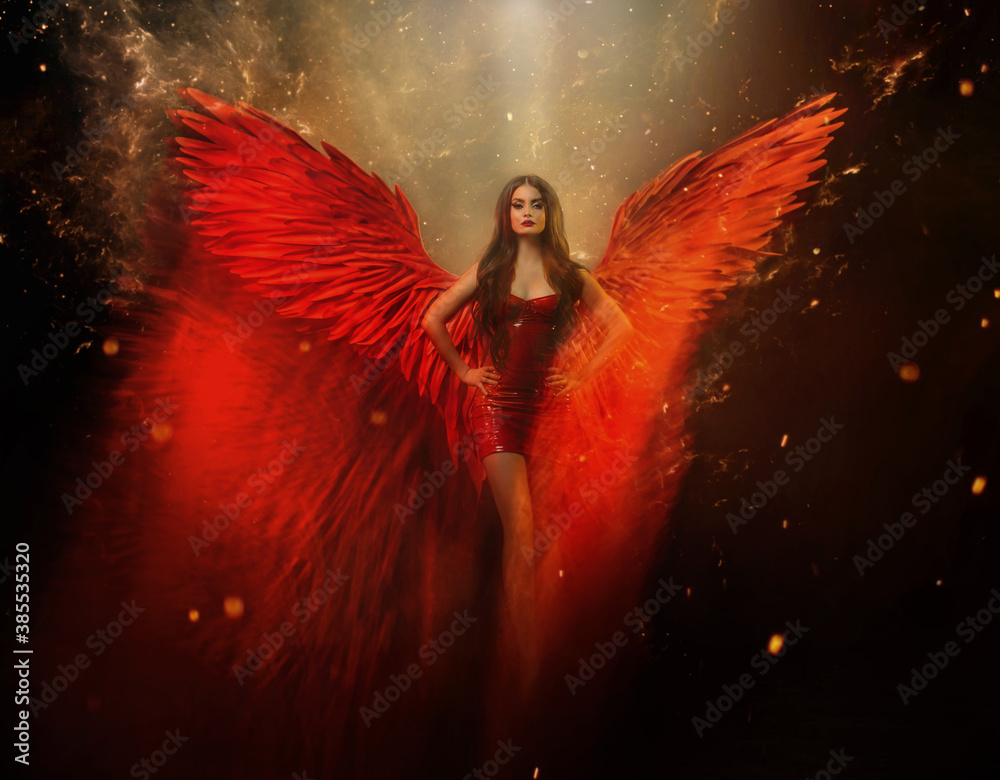 An adult beautiful fantasy girl a fallen angel with spread huge red wings. Art black background with sparks, glitters and flames. The power of a sexy demon woman. Carnival short latex seductive dress. - obrazy, fototapety, plakaty 