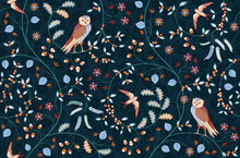 Vintage Seamless Fabric Ornament With Flowers And Birds On Dark Blue Background. Middle Ages William Morris Style. Vector Illustration.