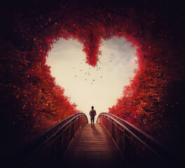 follow your heart concept. a lone person lost in the autumn forest, found the way out of the woods, 