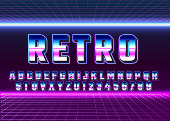 Fototapete - Retro Futuristic 80s font style. Vector alphabet with chrome effect template for game title, poster headline, old style