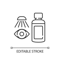 Sticker - Eyewash linear icon. Medicinal eye shower. First aid wash. Cleaning rinse. First aid drops. Thin line customizable illustration. Contour symbol. Vector isolated outline drawing. Editable stroke