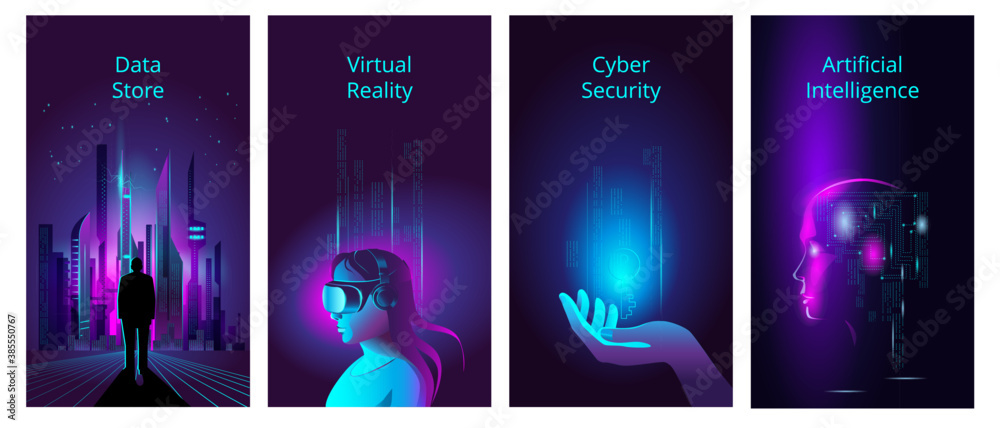 Supercomputing Banners A set of vertical banners in neon colors on the theme of modern ...
