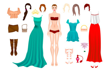 Paper Doll With Clothes, Shoes And Different Hairstyle. Body templates