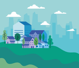 Wall Mural - City landscape with houses trees and clouds design, architecture and urban theme Vector illustration