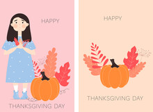 Thanksgiving Day Card In Vintage Style. Vector Illustrations For Card, Invitation And Background.