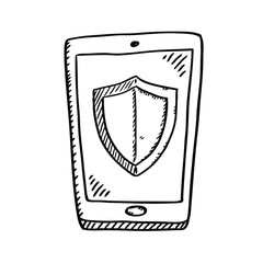 Wall Mural - Cartoon style black and white doodle of mobile phone with security shield on screen. Black and white vector illustration.