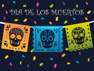 Wall Mural - day of the dead, mexican bunting with skulls and confetti celebration