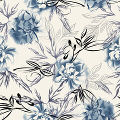  Watercolor Peonies Seamless Pattern. Hand Painted Background.
