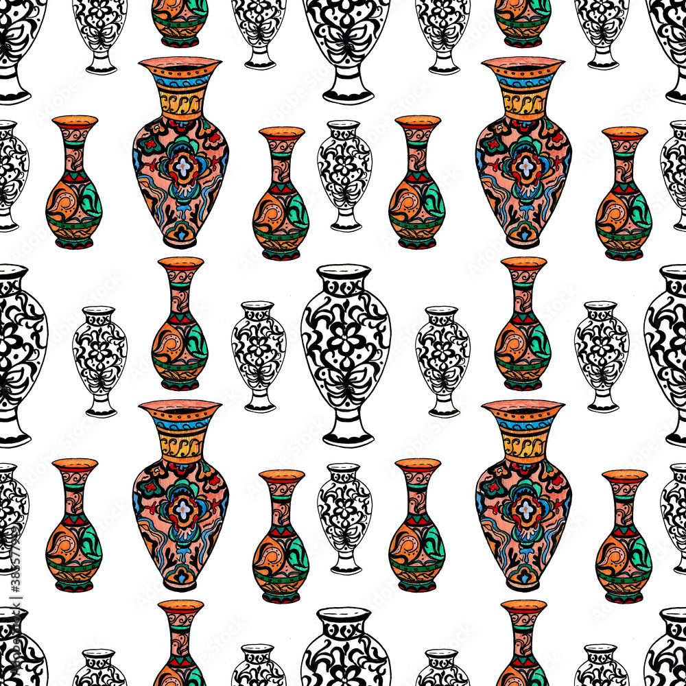 Chinese, Greek vases with ornaments. Hand-drawn illustration. Print, textiles, folk motives, traditions. Bright drawing. Ceramics, porcelain. Seamless pattern Stock Illustration | Adobe Stock chinese-greek-vases-with-ornaments-hand-drawn-illustration-print-textiles-folk-motives-traditions-bright-drawing-ceramics-porcelain-seamless-pattern-stock-illustration-adobe-stock