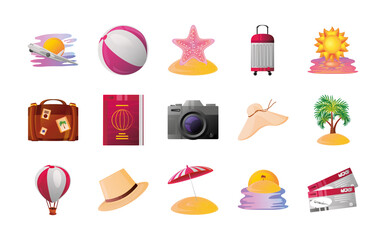 Sticker - summer vacation travel, beach ball starfish hat bag pack icons detailed style