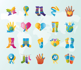 Wall Mural - world down syndrome day, support awareness icons wold background