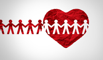 Wall Mural - Together united support concept and unity partnership as a heart with a group of people connected together shaped as a support symbol expressing the feeling of teamwork and togetherness