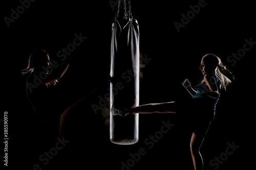 Принти на полотні two kick fighter girls punching a boxing bag
