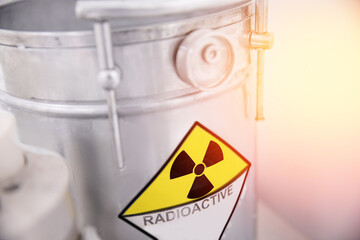 Wall Mural - Lead barrel container with nuclear waste, radiation garbage