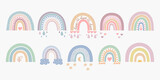 Fototapeta Boho - Scandinavian boho rainbows set with clouds, stars, drops, crescent in pastel colors. Hand drawn vector element for nursery decoration, baby shower, party, poster, invitation, postcard, clothes