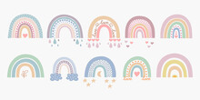 Scandinavian Boho Rainbows Set With Clouds, Stars, Drops, Crescent In Pastel Colors. Hand Drawn Vector Element For Nursery Decoration, Baby Shower, Party, Poster, Invitation, Postcard, Clothes