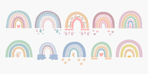 scandinavian boho rainbows set with clouds, stars, drops, crescent in pastel colors. hand drawn vect