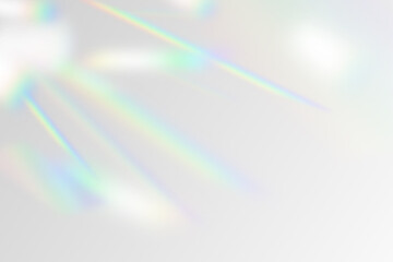 Wall Mural - Vector illustration of rainbow flare overlay effect mockup. Blurred reflection crystal rays, shadows and flash on background. Natural iridescent light backdrop