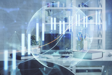 Double exposure of financial graph drawing and office interior background. Concept of stock market.