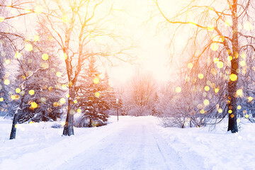 Christmas winter blurred background with garland lights, holiday festive background.