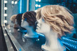 White foam female mannequins heads in a row on a store window at night. Blue and white neon lights and glare on glass. Nightlife of the metropolis.