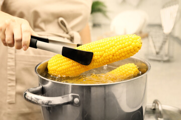 Wall Mural - Woman taking boiled corn from pot with tongs in kitchen, closeup