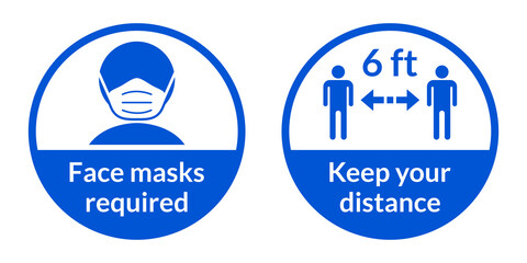 Poster - set of round coronavirus covid-19 instruction sticker icons including face masks required and keep y