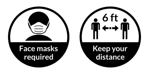 Poster - Set of Round Coronavirus Covid-19 Instruction Sticker Icons including Face Masks Required and Keep Your Distance 6 ft or 6 Feet. Vector Image.