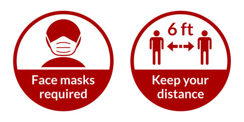 Poster - Set of Round Coronavirus Covid-19 Instruction Sticker Icons including Face Masks Required and Keep Your Distance 6 ft or 6 Feet. Vector Image.