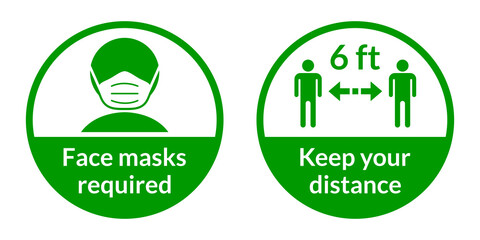 Poster - Set of Round Coronavirus Covid-19 Instruction Sticker Icons including Face Masks Required and Keep Your Distance 6 ft or 6 Feet. Vector Image.