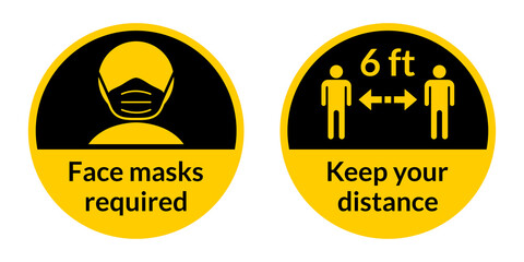 Poster - Set of Round Coronavirus Covid-19 Instruction Sticker Icons including Face Masks Required and Keep Your Distance 6 ft or 6 Feet. Vector Image.