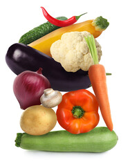 Heap of different fresh vegetables on white background