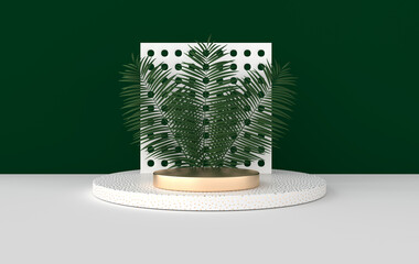Leinwandbilder - 3d rendered studio with geometric shapes, podium on the floor. Platforms for product presentation, mock up background. Abstract composition in minimal design, tropic palm leaves