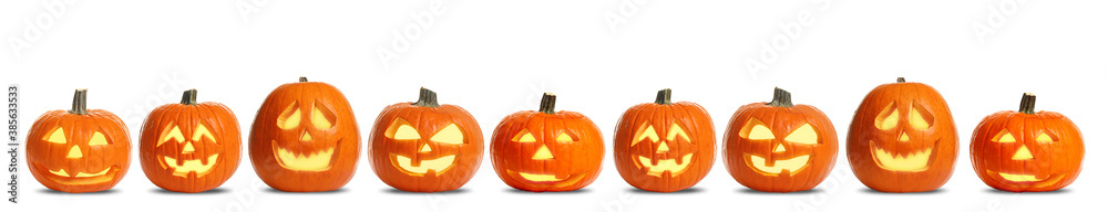 Set of carved Halloween pumpkins on white background. Banner design - obrazy, fototapety, plakaty 