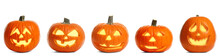 Set Of Carved Halloween Pumpkins On White Background. Banner Design