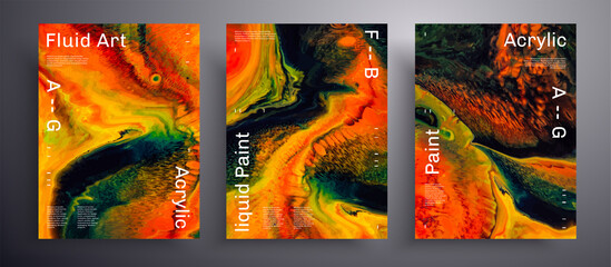 Abstract acrylic placard, fluid art vector texture set. Artistic background that can be used for design cover, poster, brochure and etc. Orange, green and black unusual creative surface template