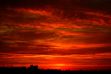 Wall Mural - red sunset over the city. black red abstract background. dramatic sky. dark red horror background. b