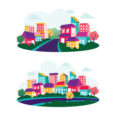 Wall Mural - Cartoon cityscape Landscape Vector illustration, Cute and lovely with colorful and flat style
