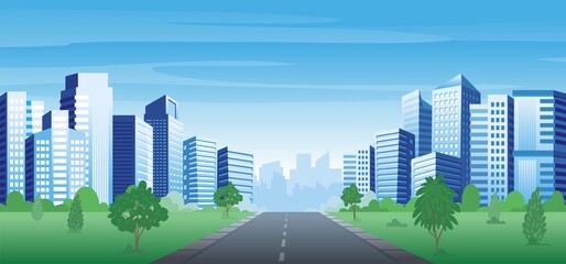 Wall Mural - Urban highway with city skyline and park area, highway view and nature landscape vector illustration
