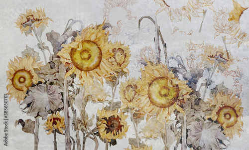 Dekoracja na wymiar  rysunek-slonecznikow-ilustracja-kwiatow-kwiaty-na-tapete-fototapete-mural-kartke-pocztowke-piekny-wzor-tapety
