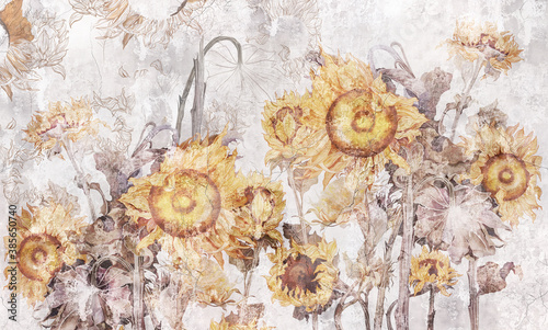 Dekoracja na wymiar  rysunek-slonecznikow-ilustracja-kwiatow-kwiaty-na-tapete-fototapete-pocztowke-piekny-wzor-tapety