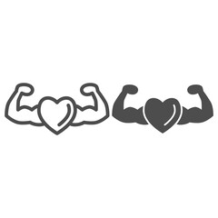 Poster - Healthy and strong heart line and solid icon, Gym concept, strong health sign on white background, heart with muscle arms icon in outline style for mobile concept and web design. Vector graphics.